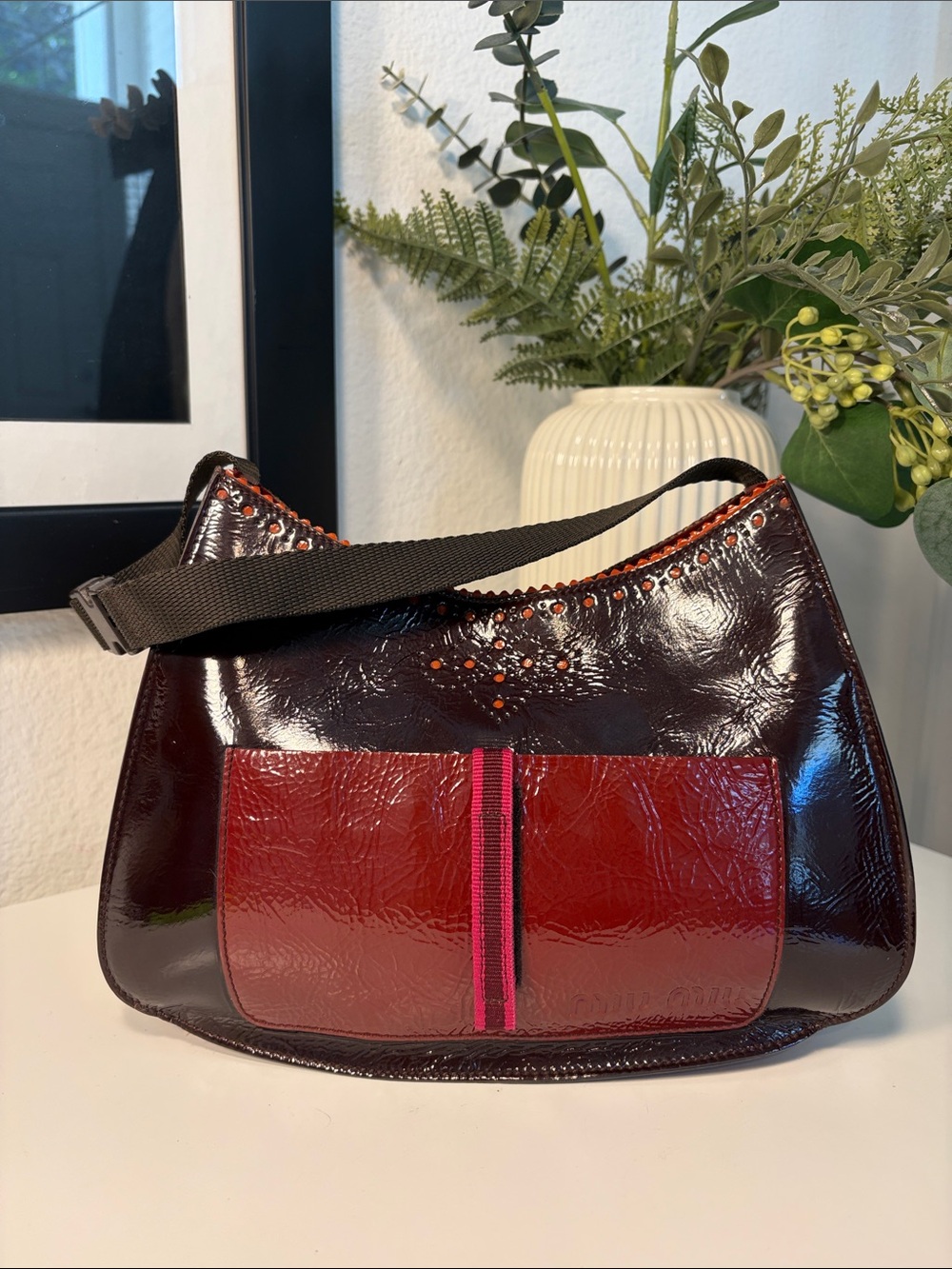 MIU MIU Archival Vintage Brogue Patent & Mesh Shoulder Bag